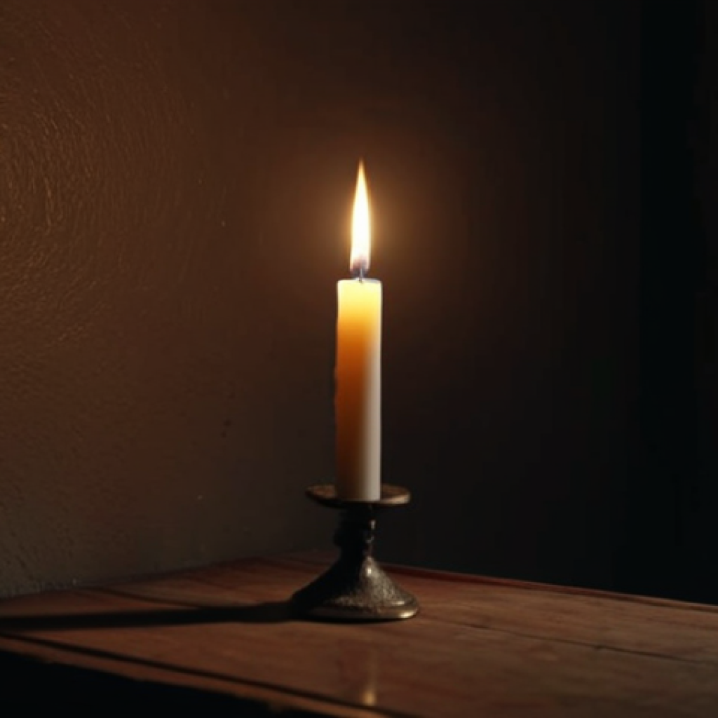 **A dimly lit room with a single flickering candle, casting long, shifting shadows.** (Focus on light, shadow, nostalgia, transience)