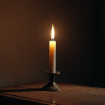 **A dimly lit room with a single flickering candle, casting long, shifting shadows.** (Focus on light, shadow, nostalgia, transience)