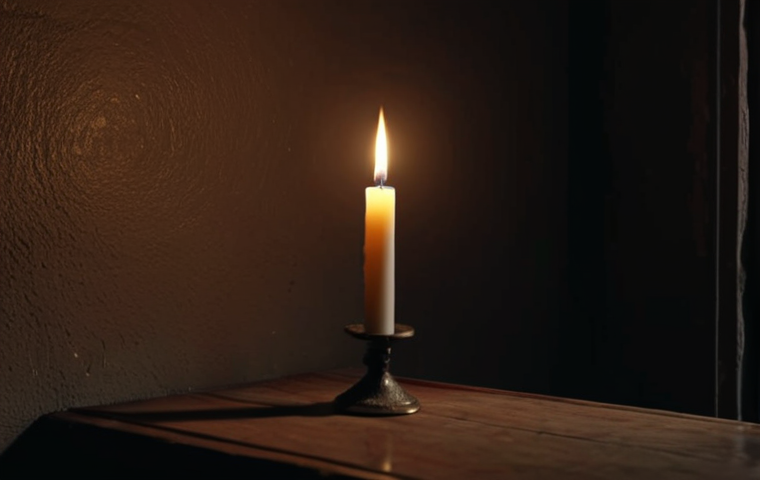 **A dimly lit room with a single flickering candle, casting long, shifting shadows.** (Focus on light, shadow, nostalgia, transience)