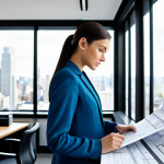 **

A professional female architect in a modern office, reviewing blueprints. She is wearing a modest, stylish pantsuit. The office has large windows with a city view. Safe for work, appropriate content, fully clothed, perfect anatomy, natural proportions, professional photography, bright lighting, family-friendly.

**