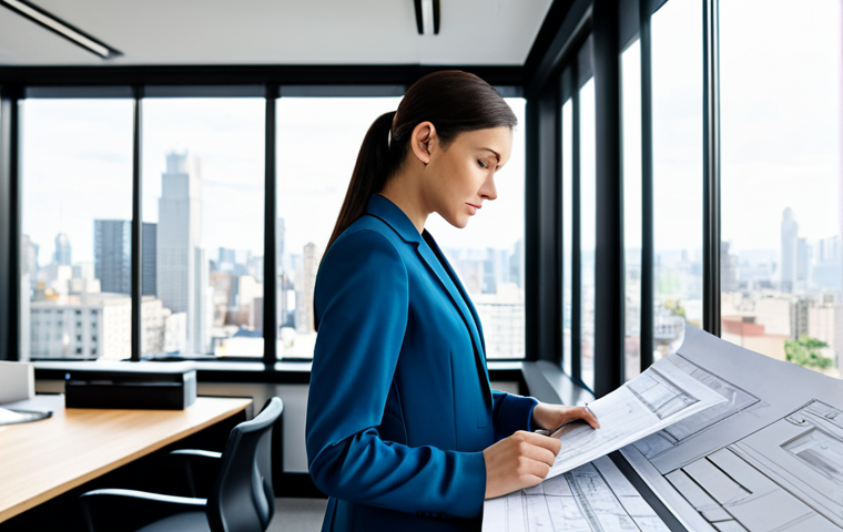 **

A professional female architect in a modern office, reviewing blueprints. She is wearing a modest, stylish pantsuit. The office has large windows with a city view. Safe for work, appropriate content, fully clothed, perfect anatomy, natural proportions, professional photography, bright lighting, family-friendly.

**