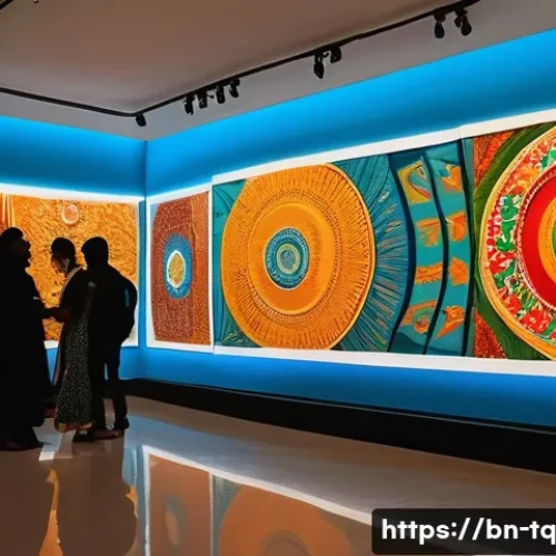Home 32 시간 기반 예술의 유통 경로 - A vibrant digital art gallery scene showcasing diverse artworks from Bengali artists displayed on sl...