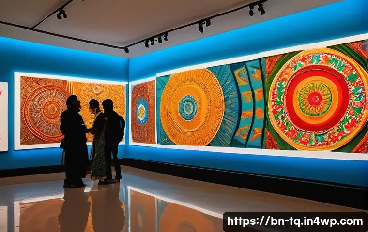 시간 기반 예술의 유통 경로 - A vibrant digital art gallery scene showcasing diverse artworks from Bengali artists displayed on sl...