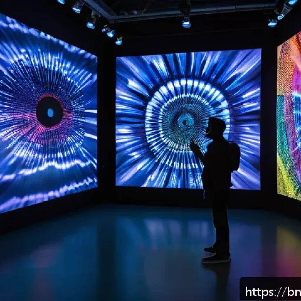 시간 기반 예술의 창작 및 전시 - A dynamic interactive art installation in a modern gallery space, featuring vibrant, shifting lights...