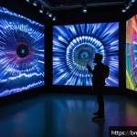 Home 18 시간 기반 예술의 창작 및 전시 - A dynamic interactive art installation in a modern gallery space, featuring vibrant, shifting lights...