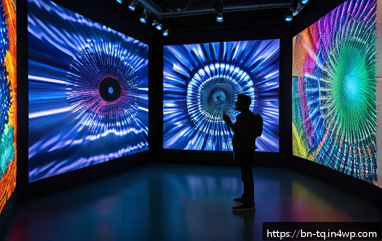 시간 기반 예술의 창작 및 전시 - A dynamic interactive art installation in a modern gallery space, featuring vibrant, shifting lights...