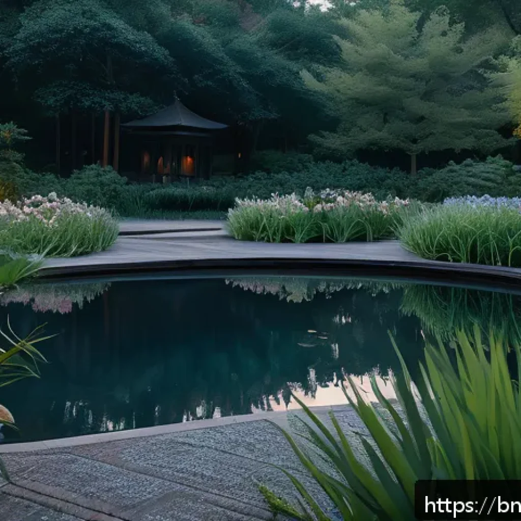 시간 기반 예술의 비디오 설치 기법 - A serene video installation scene set in an open garden at dusk, featuring soft, diffused natural li...