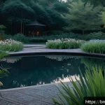 Home 23 시간 기반 예술의 비디오 설치 기법 - A serene video installation scene set in an open garden at dusk, featuring soft, diffused natural li...