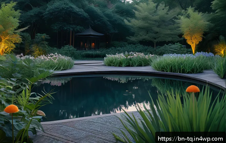 시간 기반 예술의 비디오 설치 기법 - A serene video installation scene set in an open garden at dusk, featuring soft, diffused natural li...