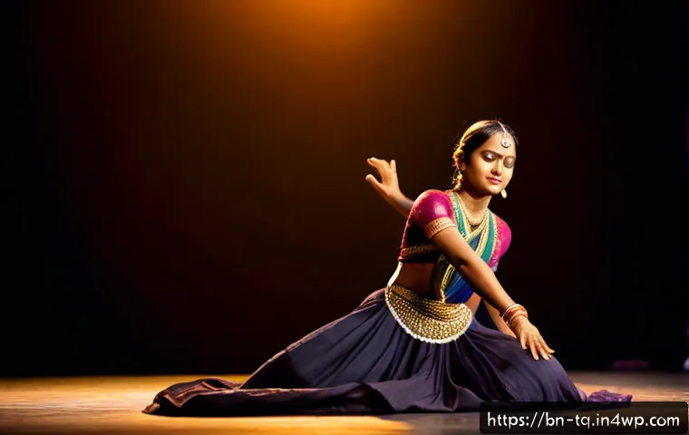 시간 기반 예술의 감정 전달 방식 - Photorealistic intimate theater scene in Bangladesh, a Bengali classical dancer in elegant modest tr...